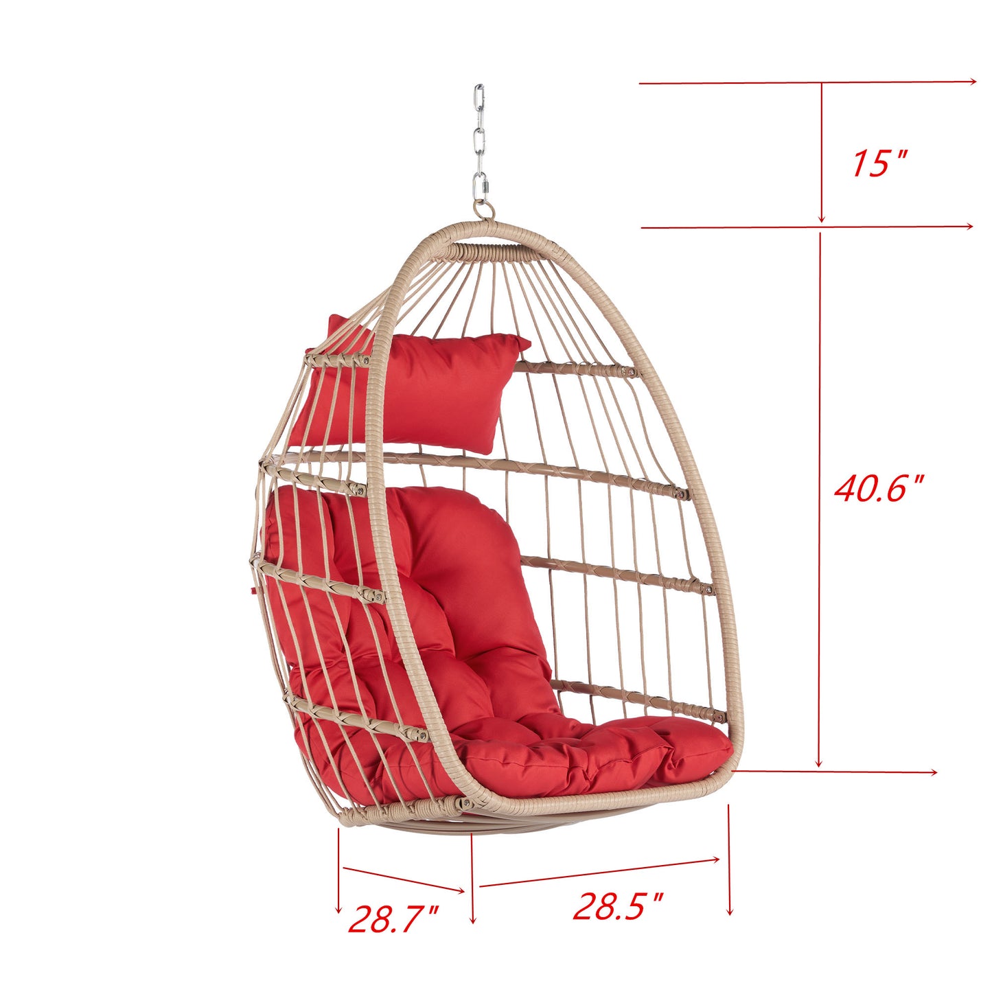 Outdoor Garden Rattan Egg Swing Chair Hanging Chair Wood+Red cushion