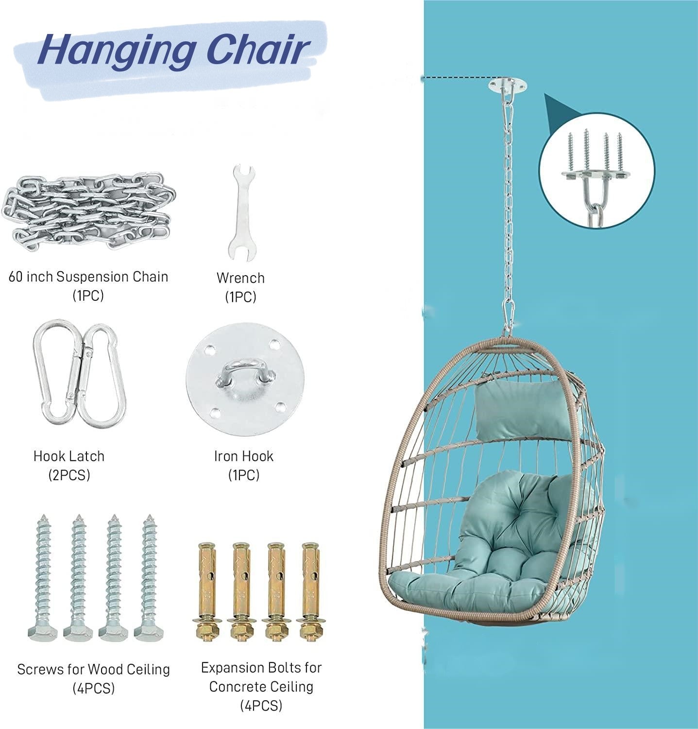 Outdoor Garden Rattan Egg Swing Chair Hanging Chair Wood+Red cushion