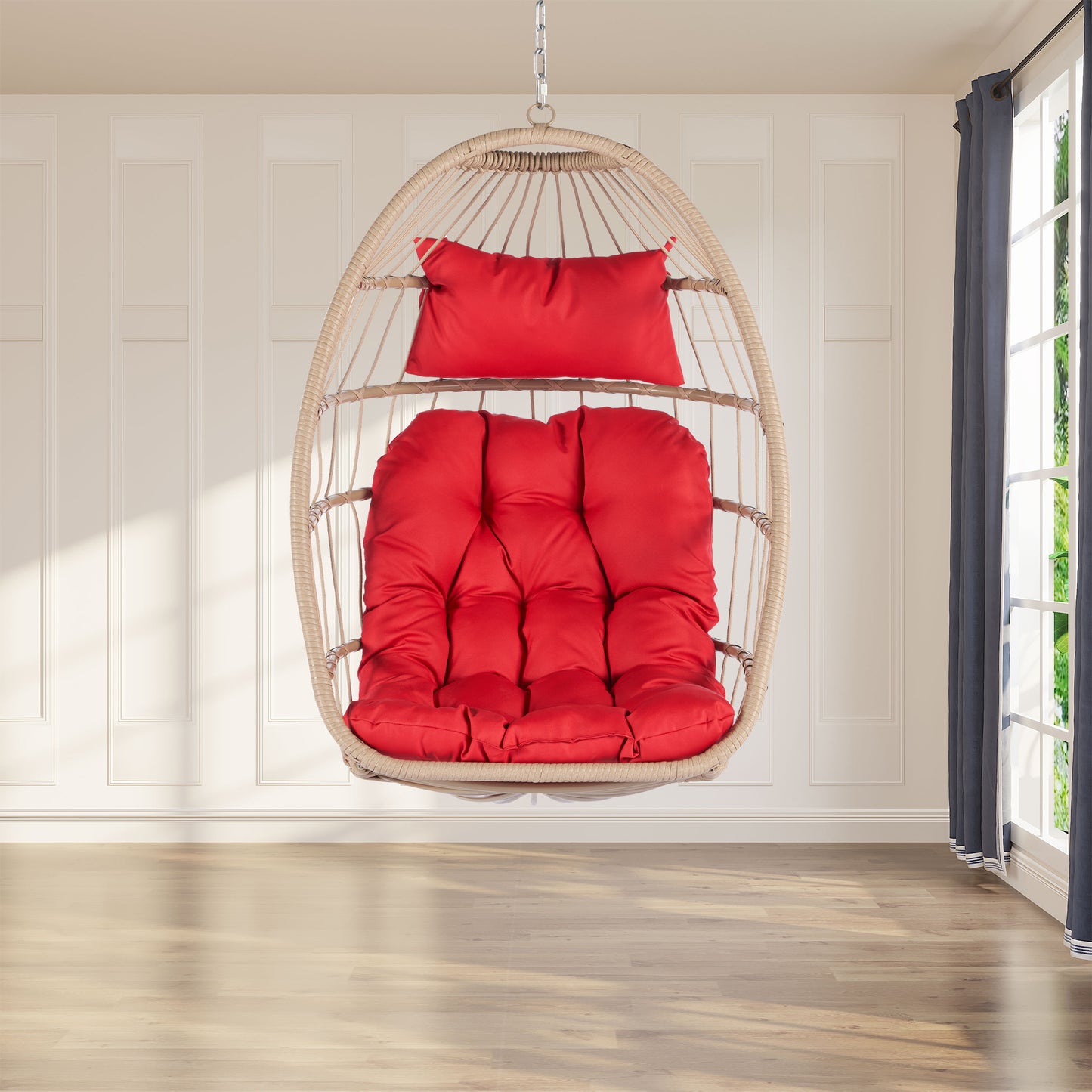Outdoor Garden Rattan Egg Swing Chair Hanging Chair Wood+Red cushion