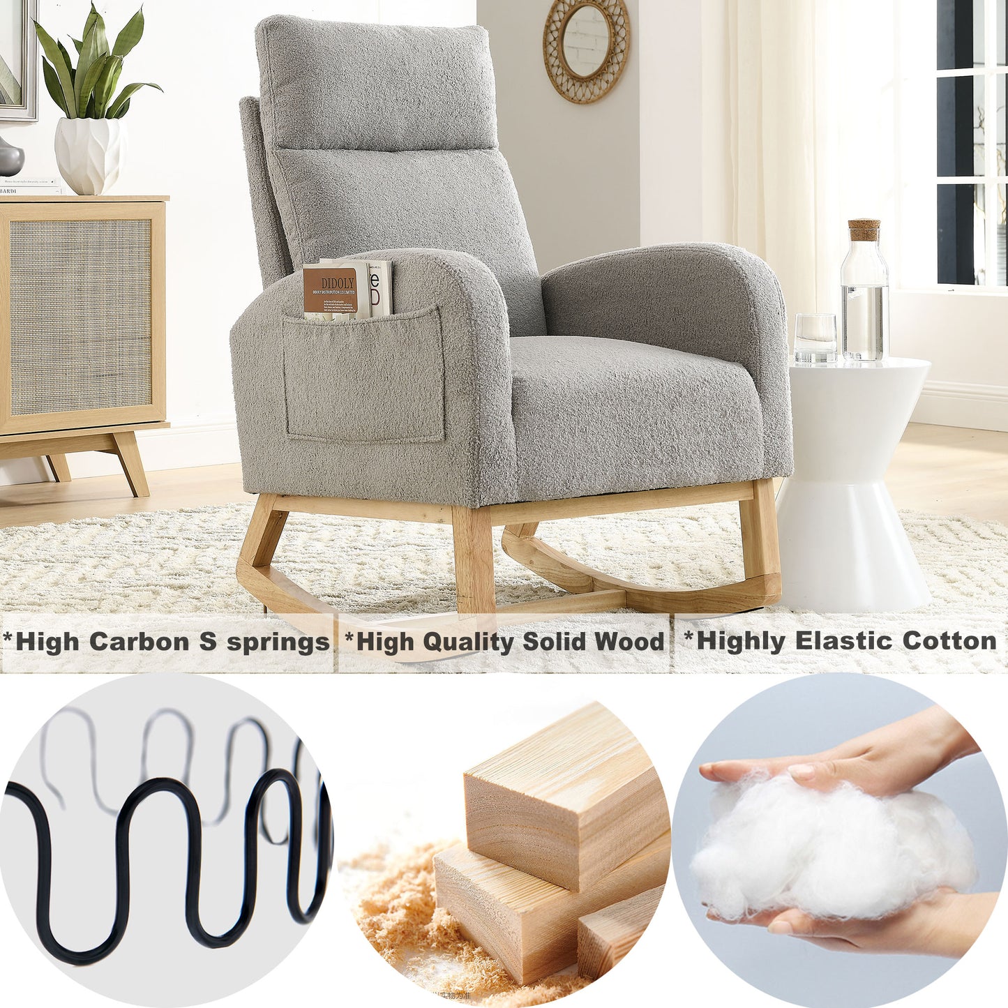 Welike 27.6"W Modern Accent High Backrest Living Room Lounge Arm Rocking Chair, Two Side Pocket