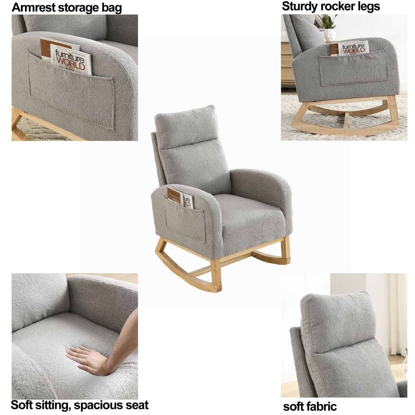 Welike 27.6"W Modern Accent High Backrest Living Room Lounge Arm Rocking Chair, Two Side Pocket