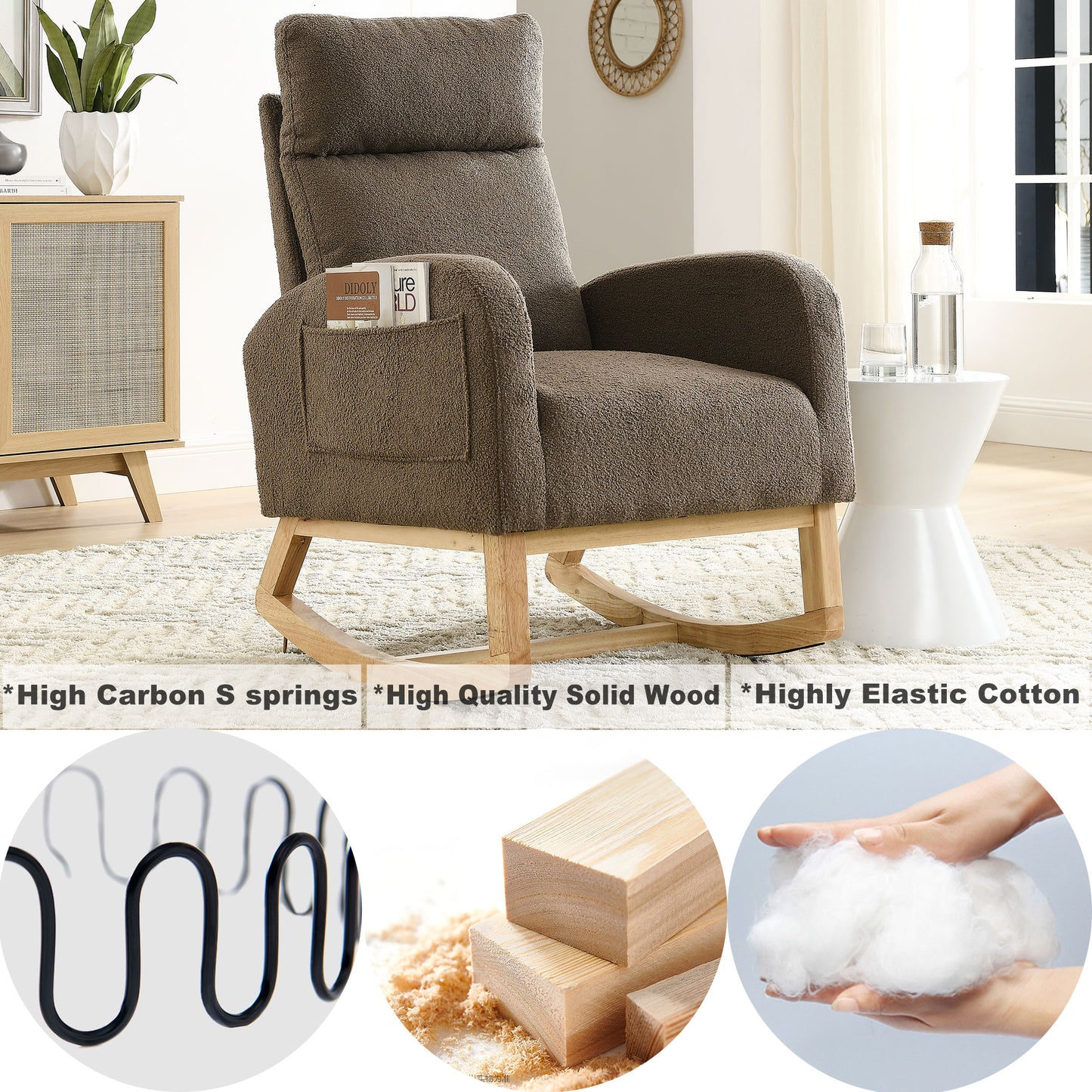 Welike 27.6"W Modern Accent High Backrest Living Room Lounge Arm Rocking Chair, Two Side Pocket