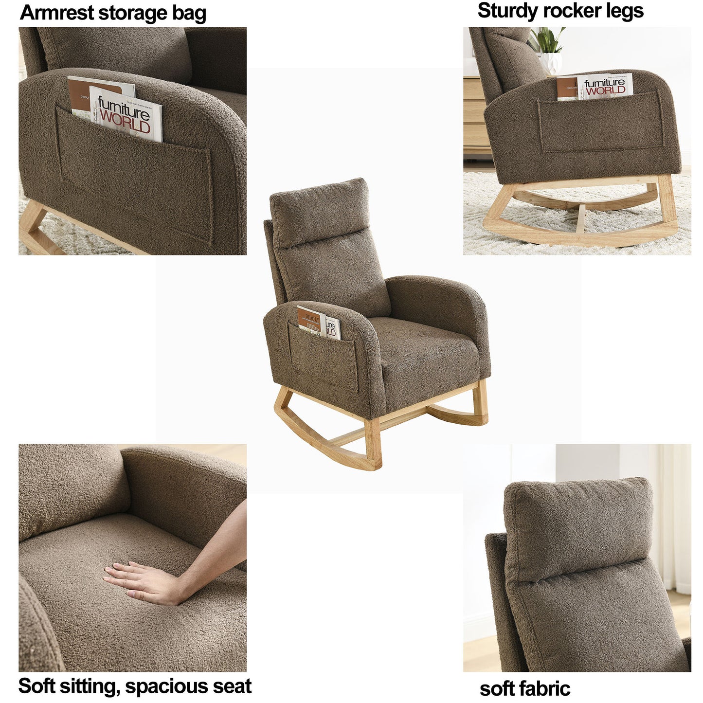 Welike 27.6"W Modern Accent High Backrest Living Room Lounge Arm Rocking Chair, Two Side Pocket