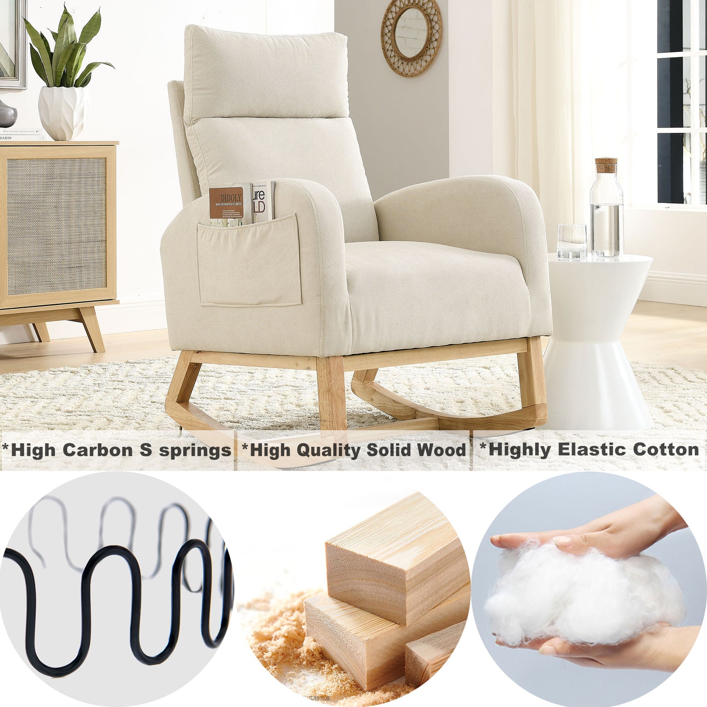 Welike 27.6"W Modern Accent High Backrest Living Room Lounge Arm Rocking Chair, Two Side Pocket