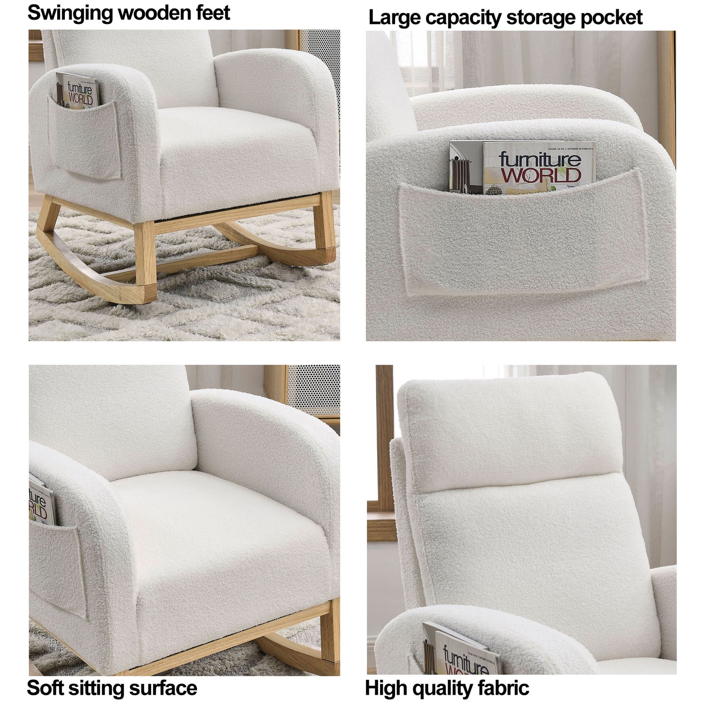 Welike 27.6"W Modern Accent High Backrest Living Room Lounge Arm Rocking Chair, Two Side Pocket ,Teddy White (Ivory)