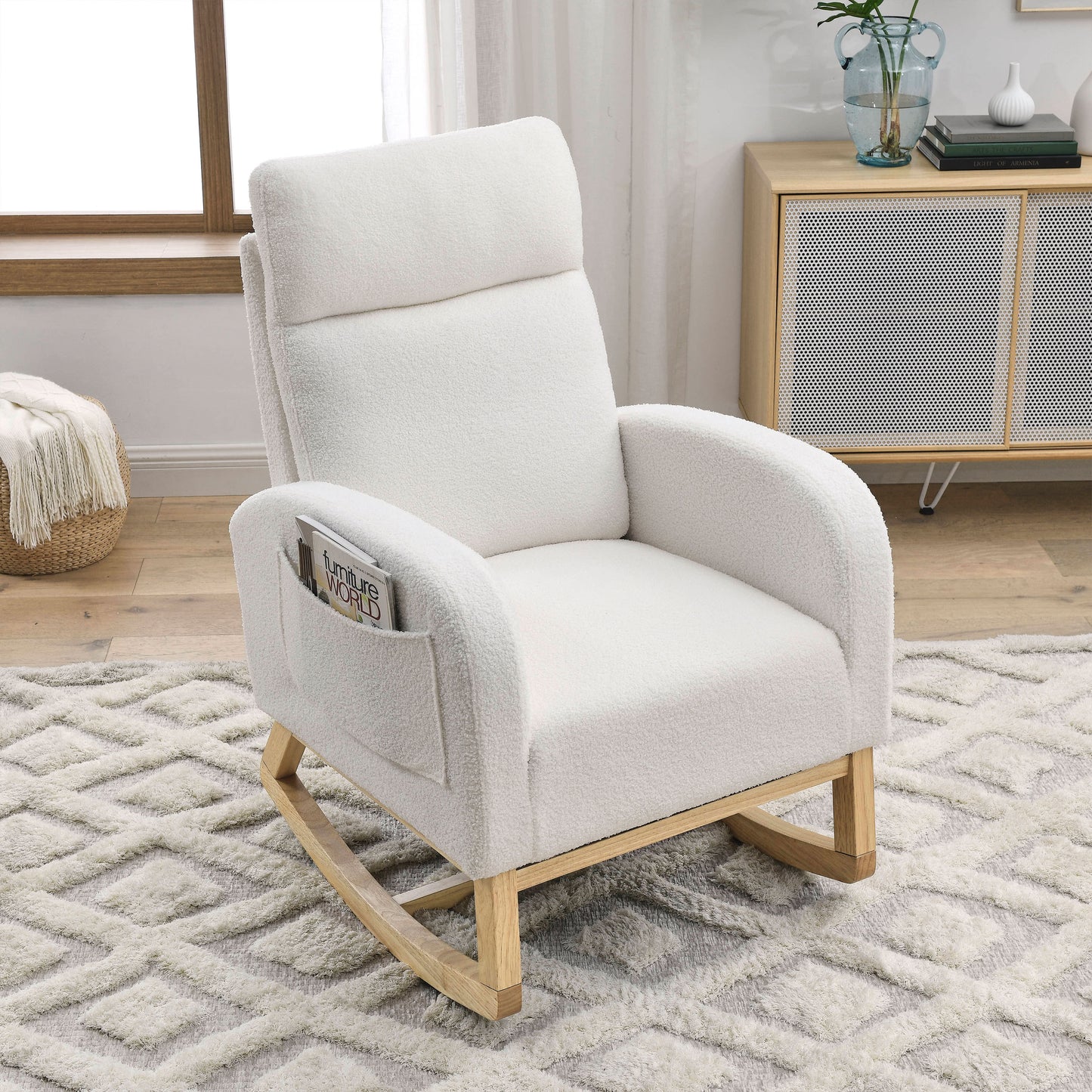 Welike 27.6"W Modern Accent High Backrest Living Room Lounge Arm Rocking Chair, Two Side Pocket ,Teddy White (Ivory)