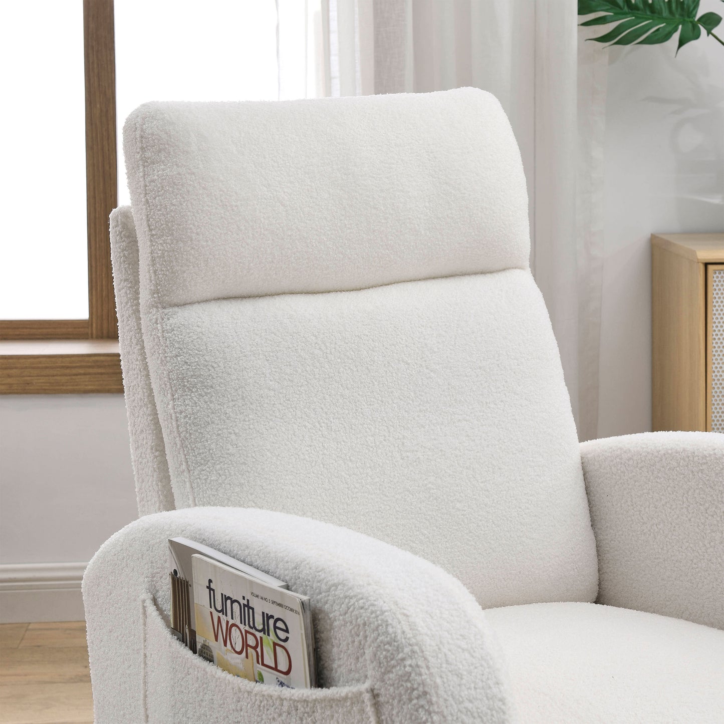 Welike 27.6"W Modern Accent High Backrest Living Room Lounge Arm Rocking Chair, Two Side Pocket ,Teddy White (Ivory)