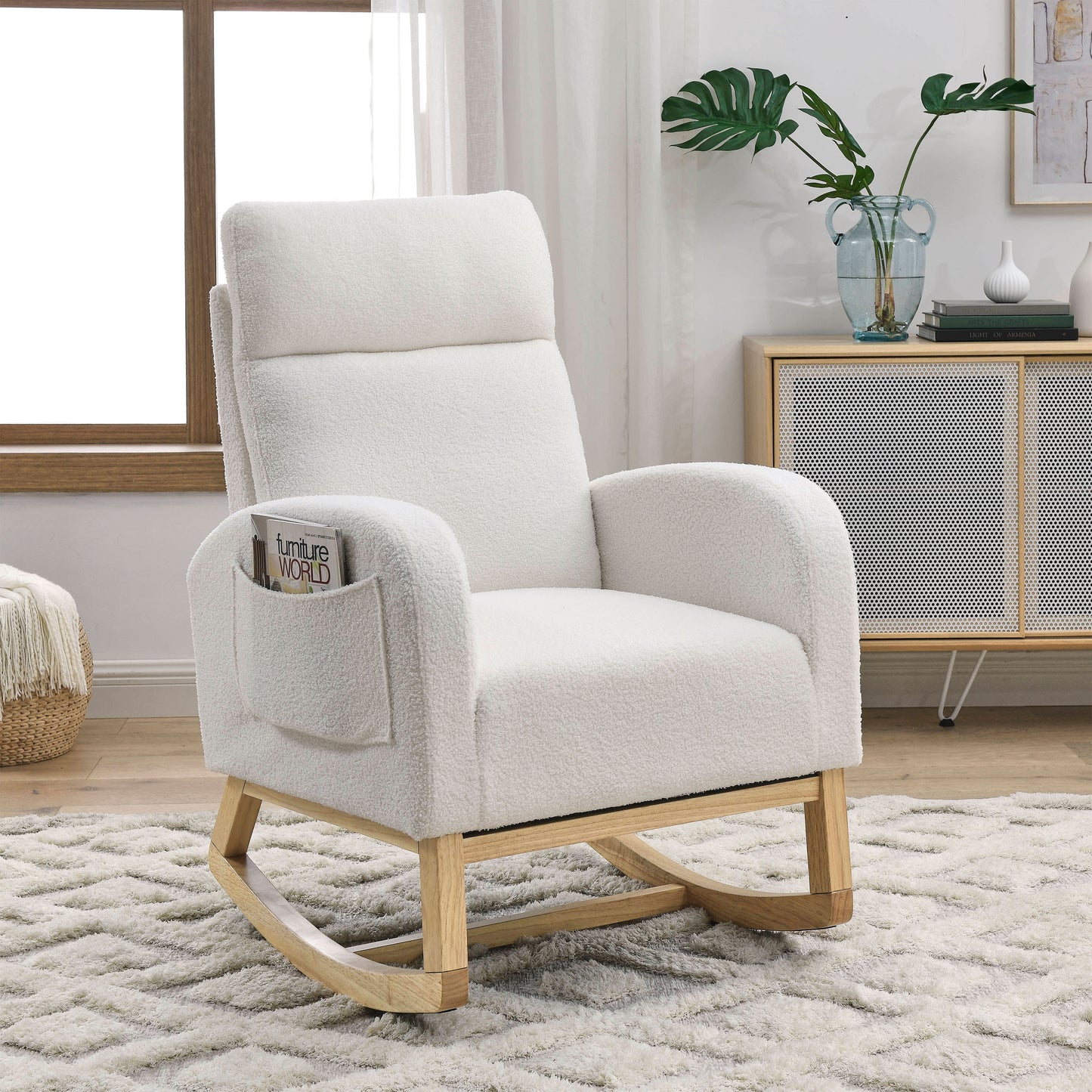 Welike 27.6"W Modern Accent High Backrest Living Room Lounge Arm Rocking Chair, Two Side Pocket ,Teddy White (Ivory)