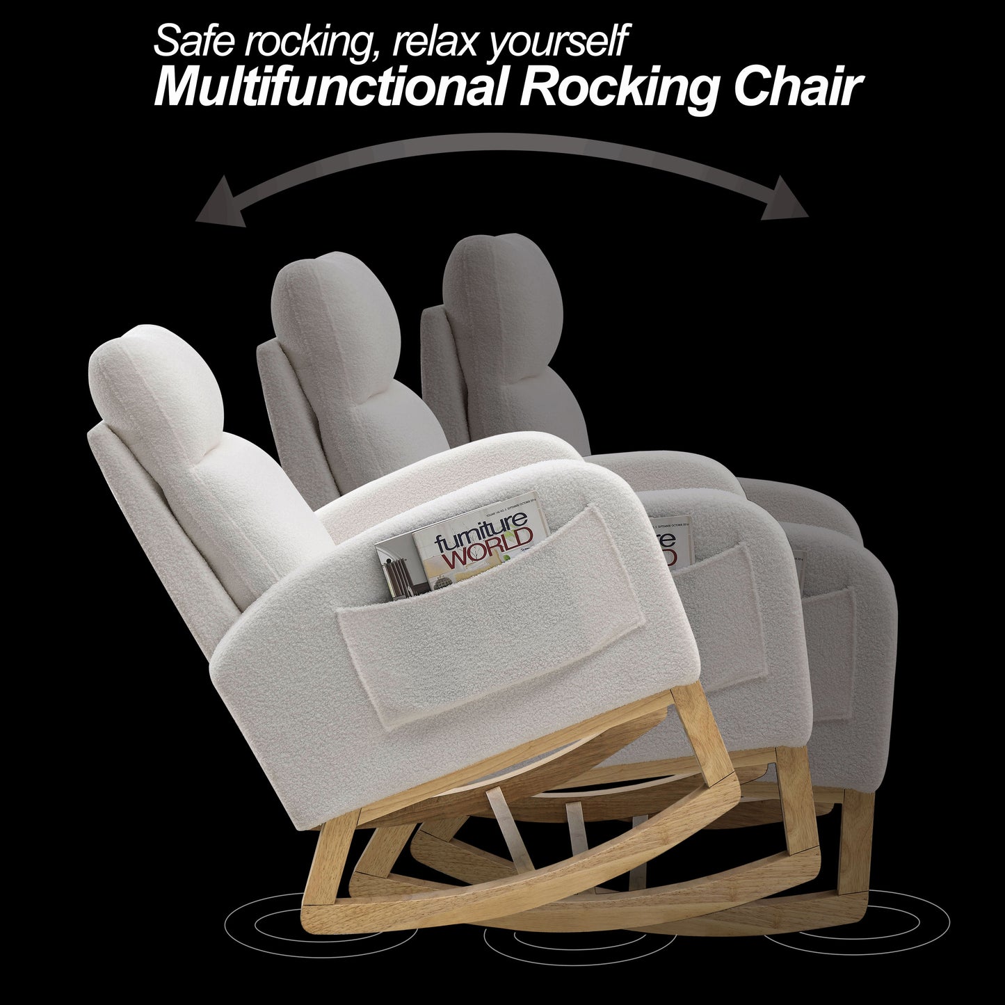 Welike 27.6"W Modern Accent High Backrest Living Room Lounge Arm Rocking Chair, Two Side Pocket ,Teddy White (Ivory)