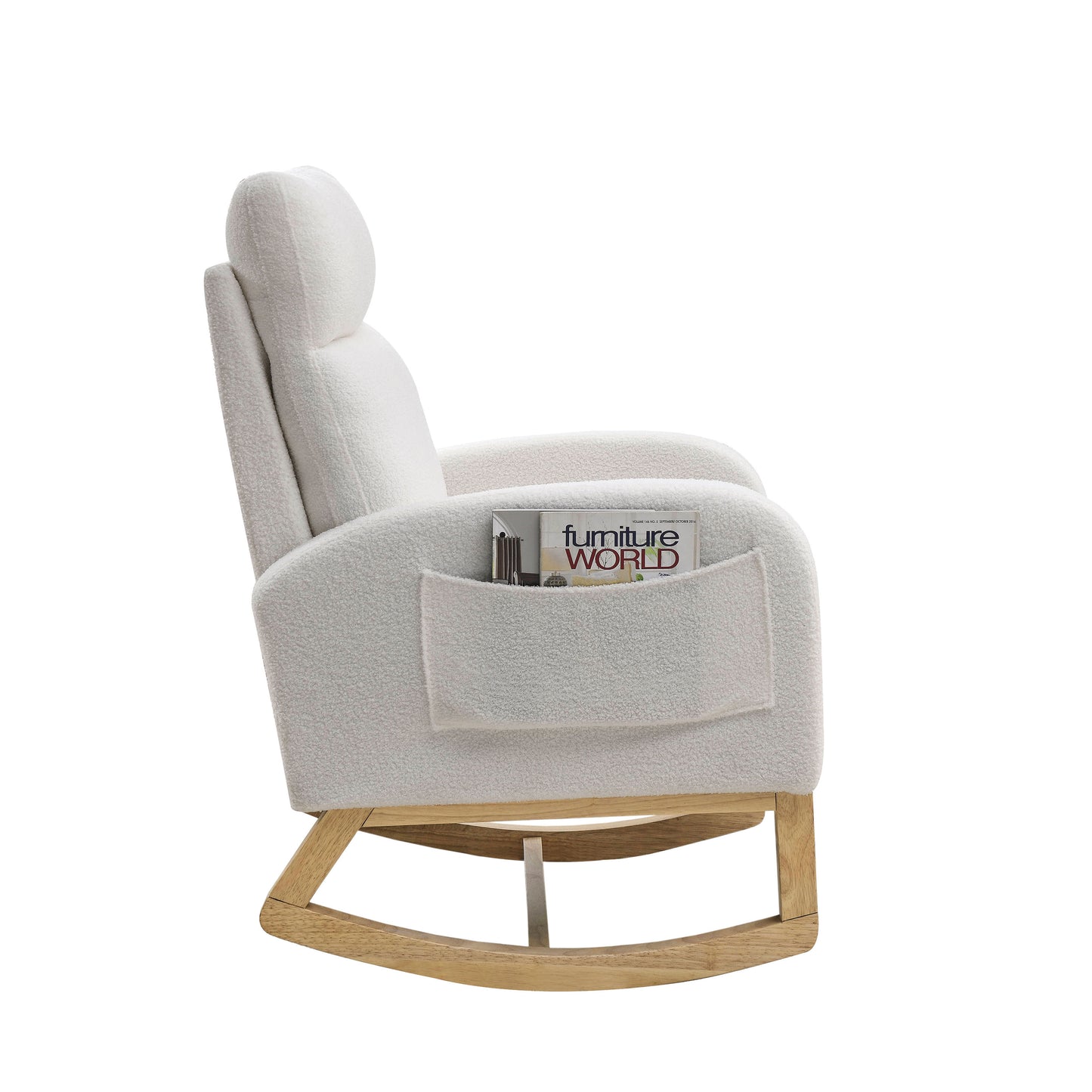 Welike 27.6"W Modern Accent High Backrest Living Room Lounge Arm Rocking Chair, Two Side Pocket ,Teddy White (Ivory)