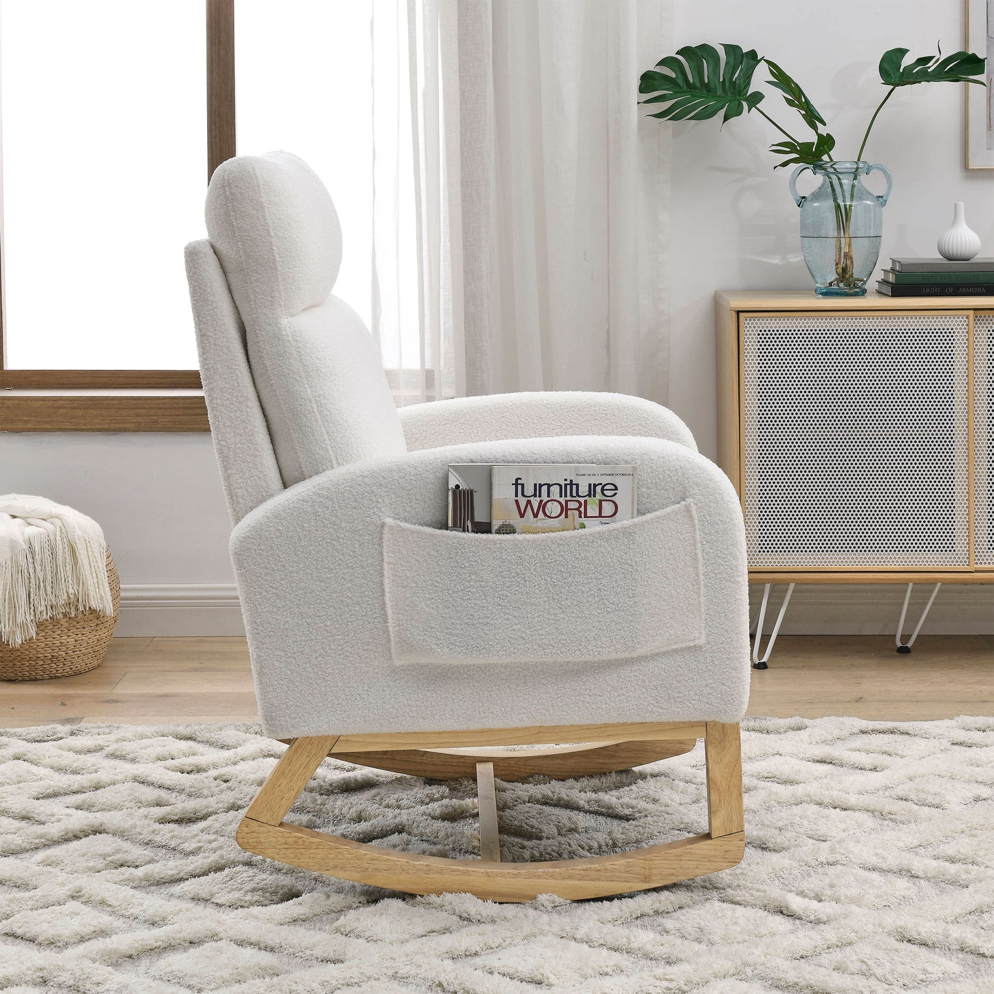 Welike 27.6"W Modern Accent High Backrest Living Room Lounge Arm Rocking Chair, Two Side Pocket ,Teddy White (Ivory)