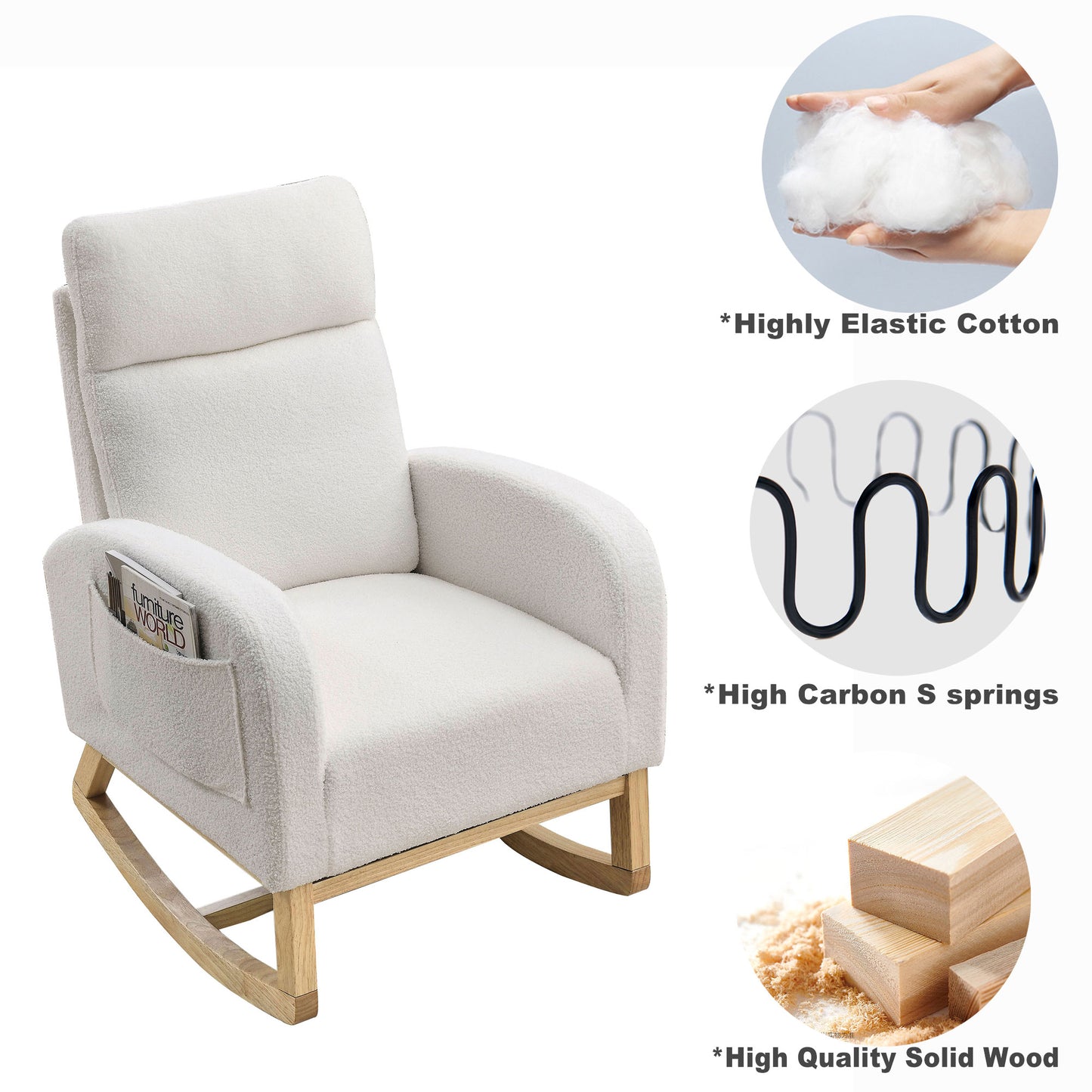 Welike 27.6"W Modern Accent High Backrest Living Room Lounge Arm Rocking Chair, Two Side Pocket ,Teddy White (Ivory)
