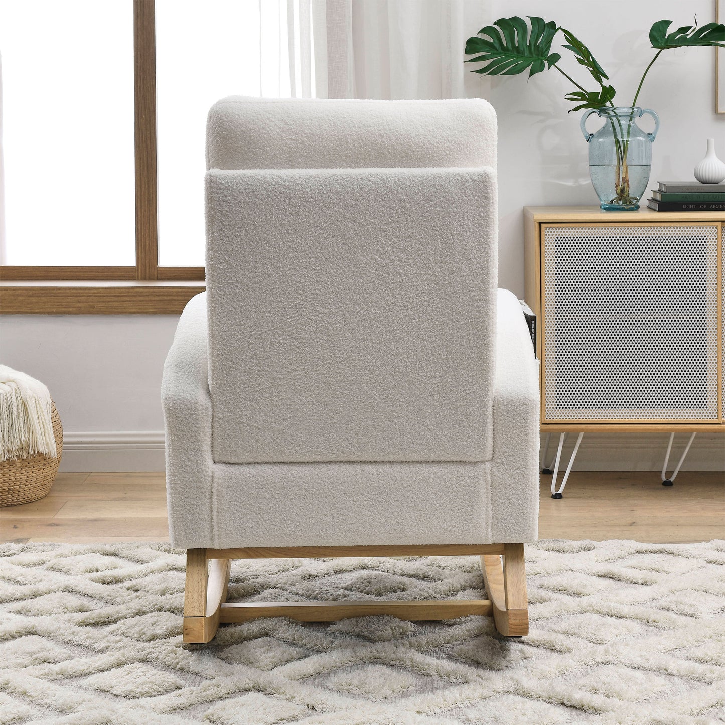 Welike 27.6"W Modern Accent High Backrest Living Room Lounge Arm Rocking Chair, Two Side Pocket ,Teddy White (Ivory)