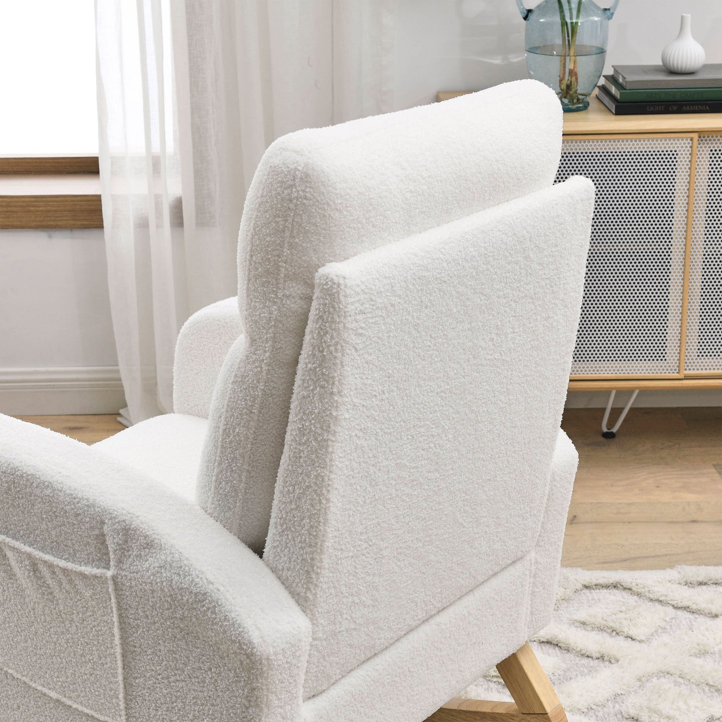 Welike 27.6"W Modern Accent High Backrest Living Room Lounge Arm Rocking Chair, Two Side Pocket ,Teddy White (Ivory)