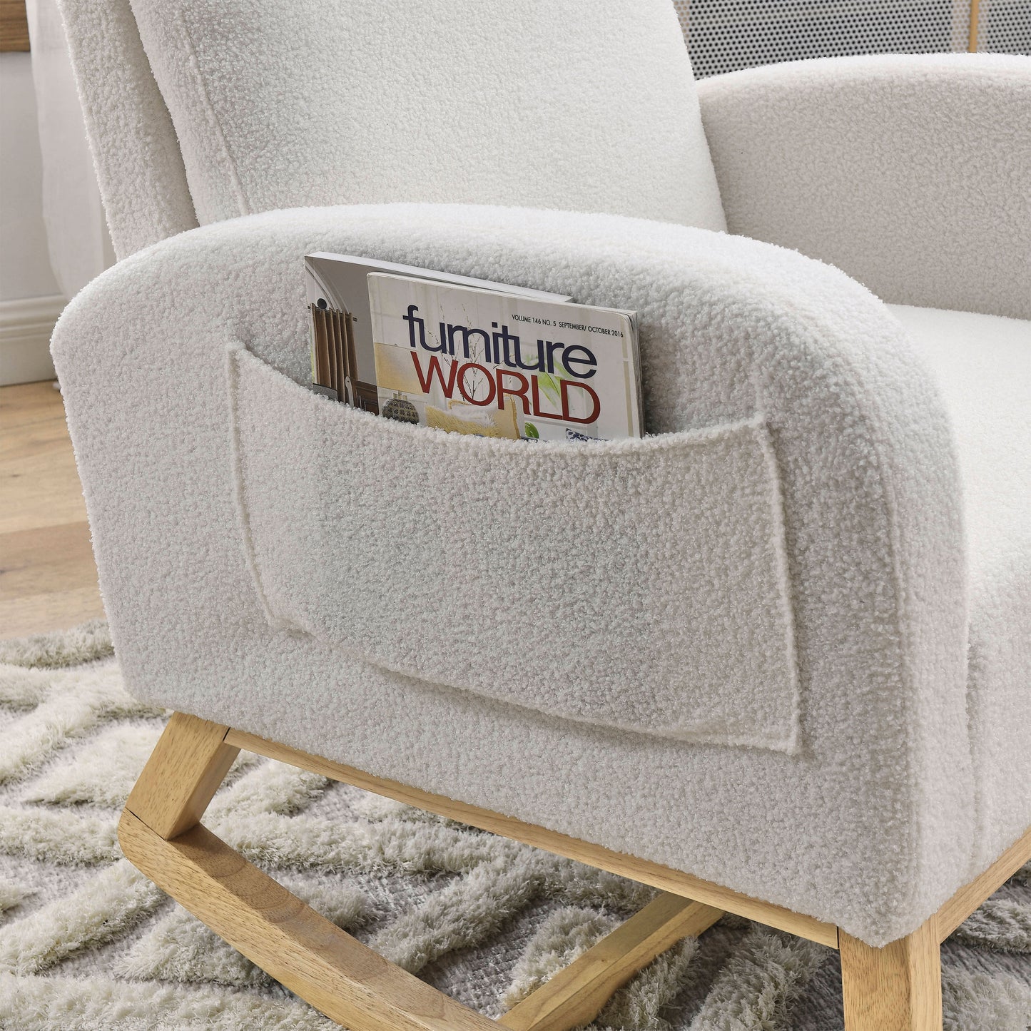 Welike 27.6"W Modern Accent High Backrest Living Room Lounge Arm Rocking Chair, Two Side Pocket ,Teddy White (Ivory)