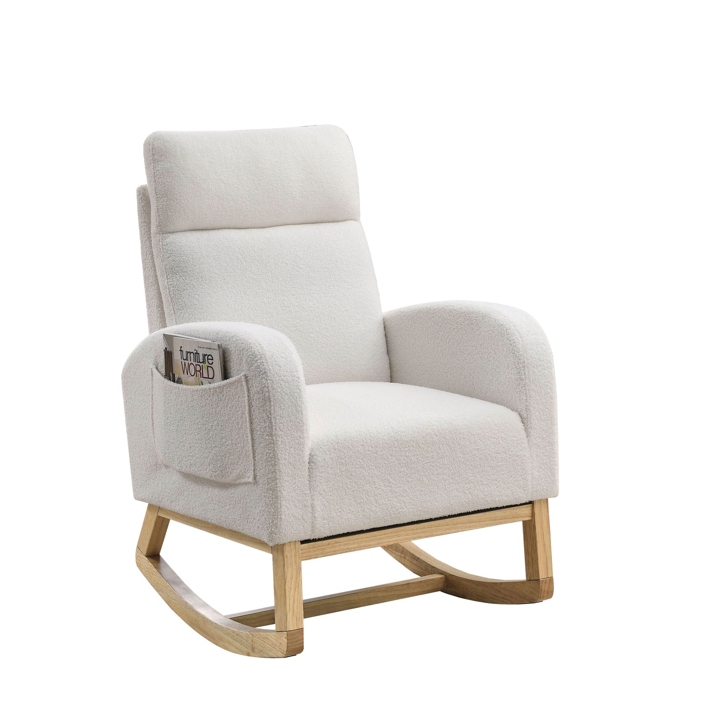 Welike 27.6"W Modern Accent High Backrest Living Room Lounge Arm Rocking Chair, Two Side Pocket ,Teddy White (Ivory)
