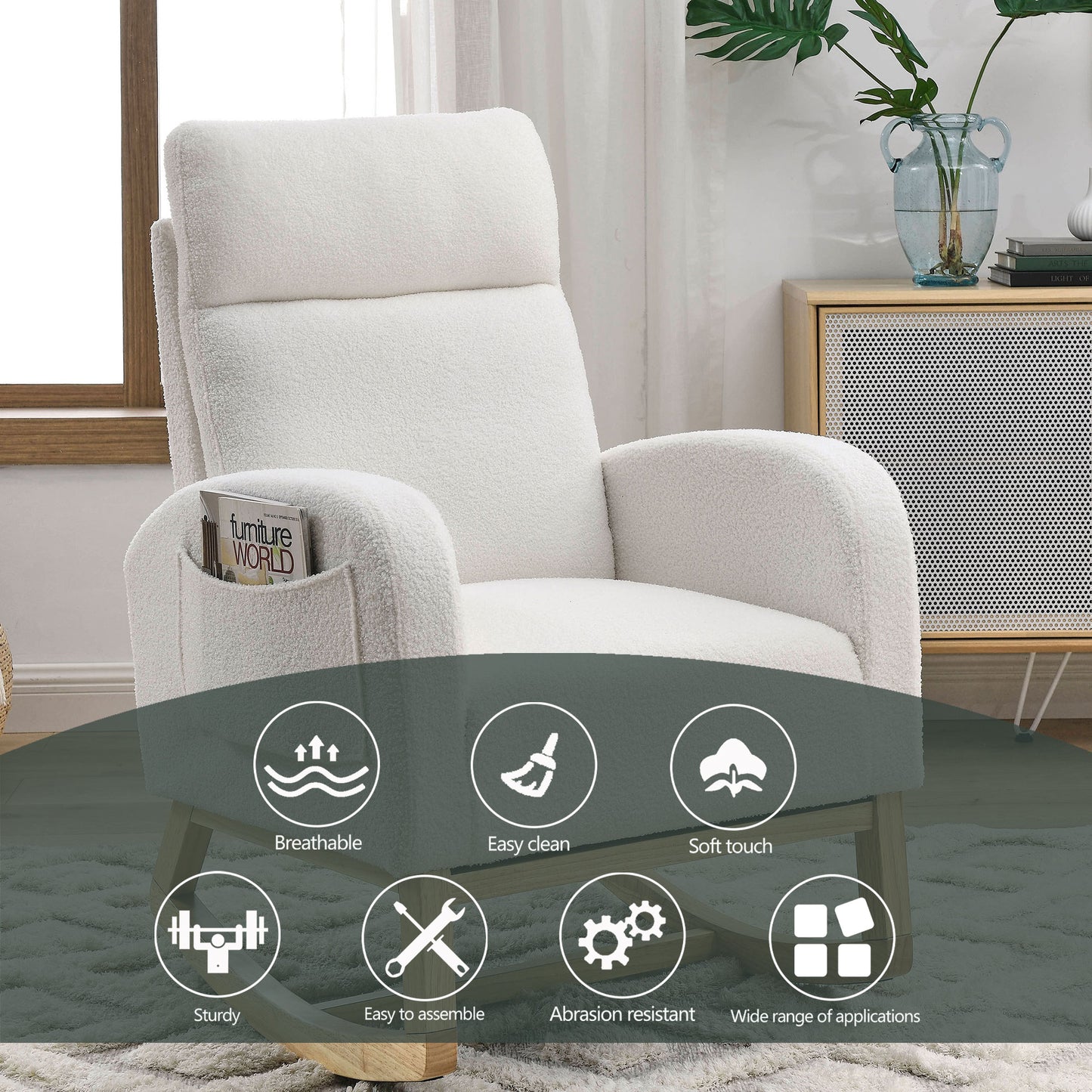 Welike 27.6"W Modern Accent High Backrest Living Room Lounge Arm Rocking Chair, Two Side Pocket ,Teddy White (Ivory)