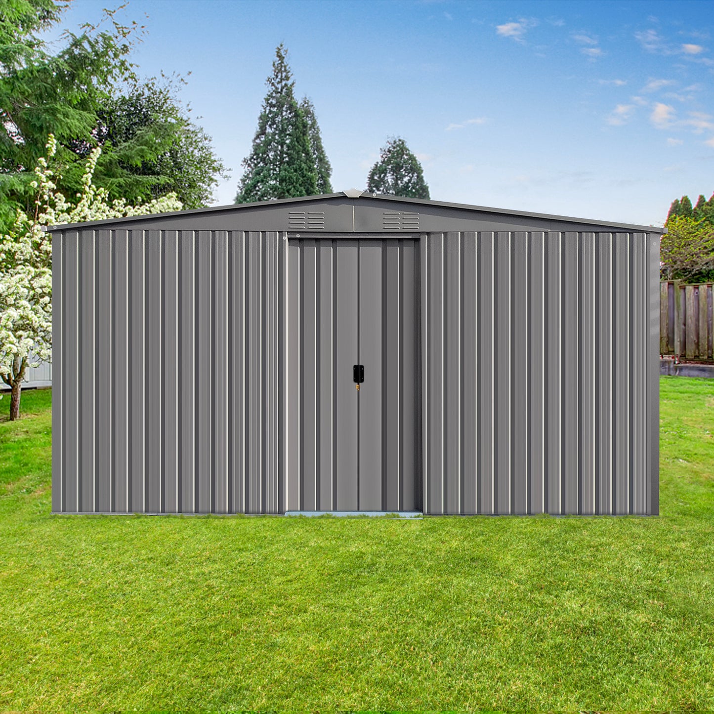 New Outdoor Storage Shed Has Two Functions: Metal Shed And Firewood Shed 13 ft×11 ft , More Suitable For Winter , Grey
