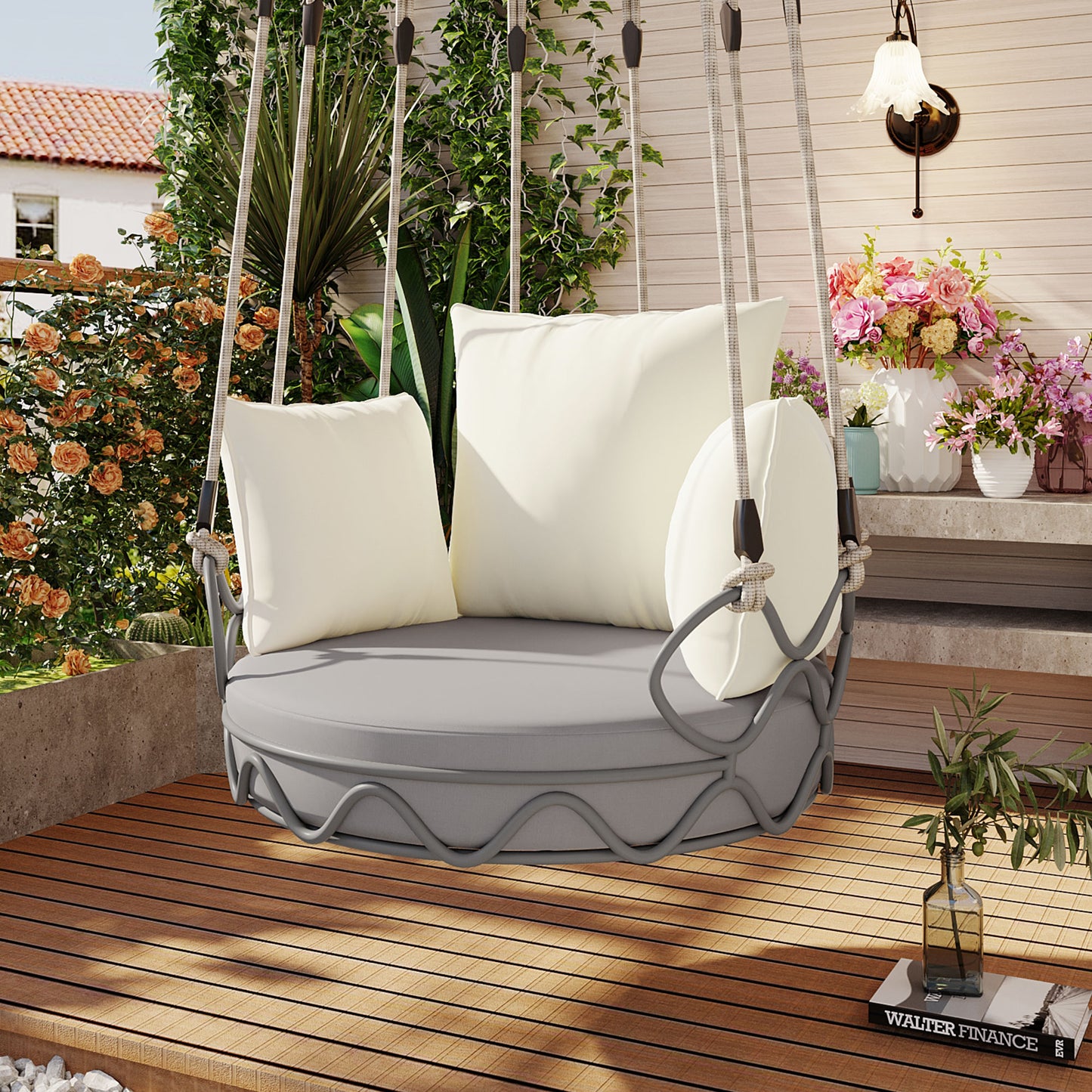 Outdoor Porch Swing Chair Hanging Basket, Hanging Chair with UV Resistant Cushion, Olefin Fabric for Patio Porch, Balcony, Beige