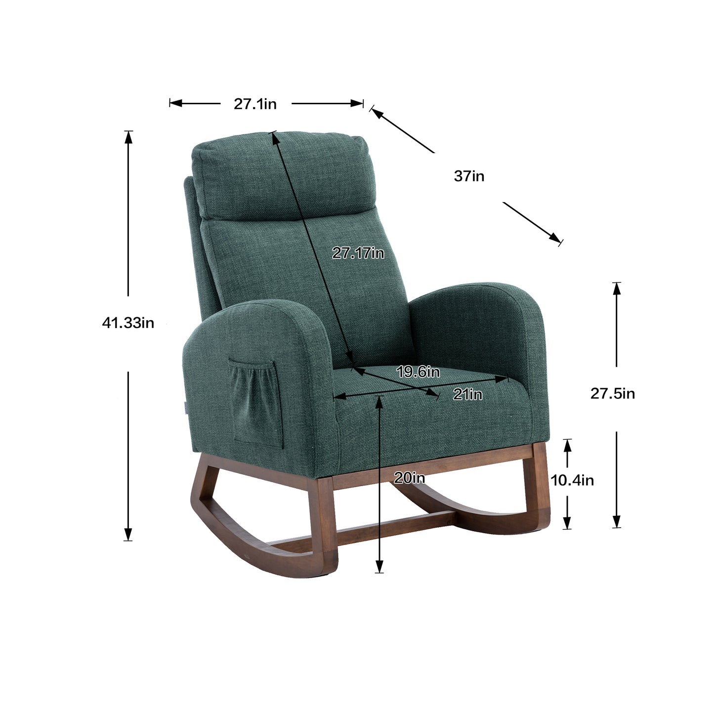 Rocking Chair, Modern Glider Chair, Recliner Armchair with Wood Legs and Side Pocket, Nursery Rocking Accent Chair with High Back for Living Room Bedroom (Emerald linen)