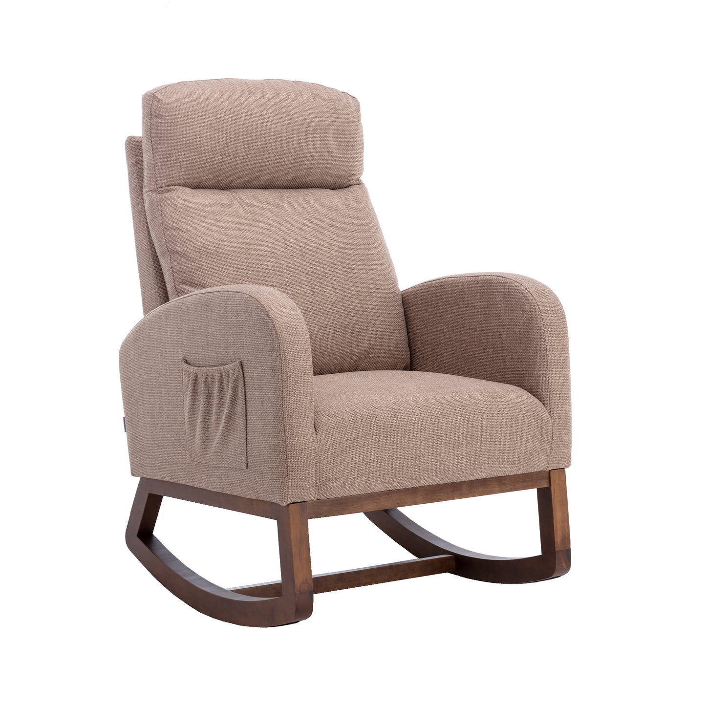 Rocking Chair, Modern Glider Chair, Recliner Armchair with Wood Legs and Side Pocket, Nursery Rocking Accent Chair with High Back for Living Room Bedroom (Camel linen)