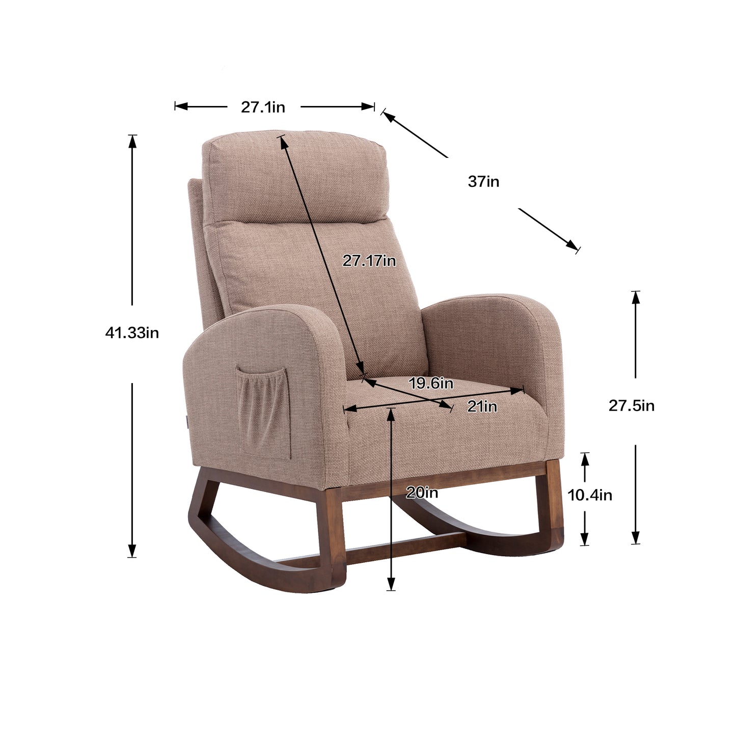 Rocking Chair, Modern Glider Chair, Recliner Armchair with Wood Legs and Side Pocket, Nursery Rocking Accent Chair with High Back for Living Room Bedroom (Camel linen)