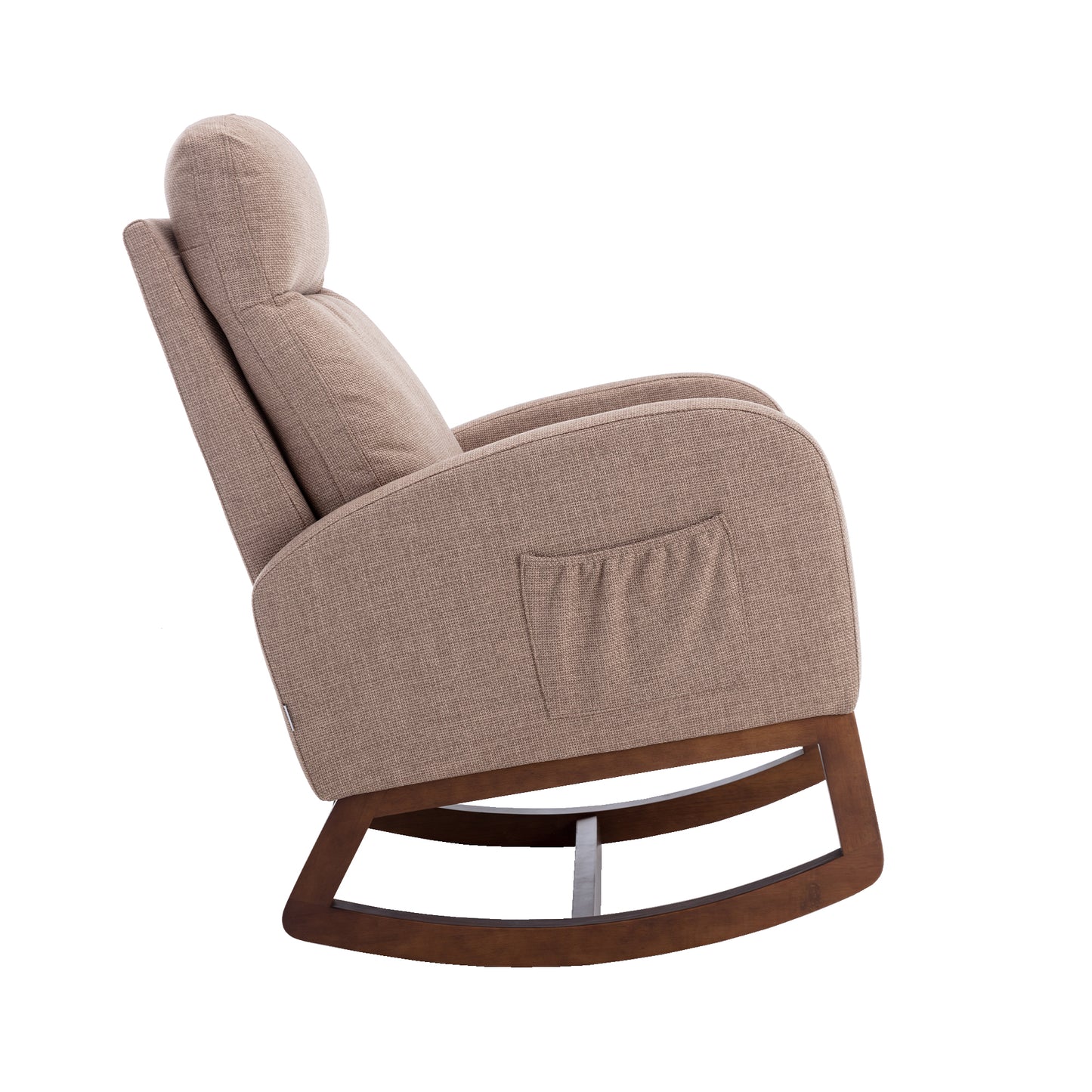 Rocking Chair, Modern Glider Chair, Recliner Armchair with Wood Legs and Side Pocket, Nursery Rocking Accent Chair with High Back for Living Room Bedroom (Camel linen)