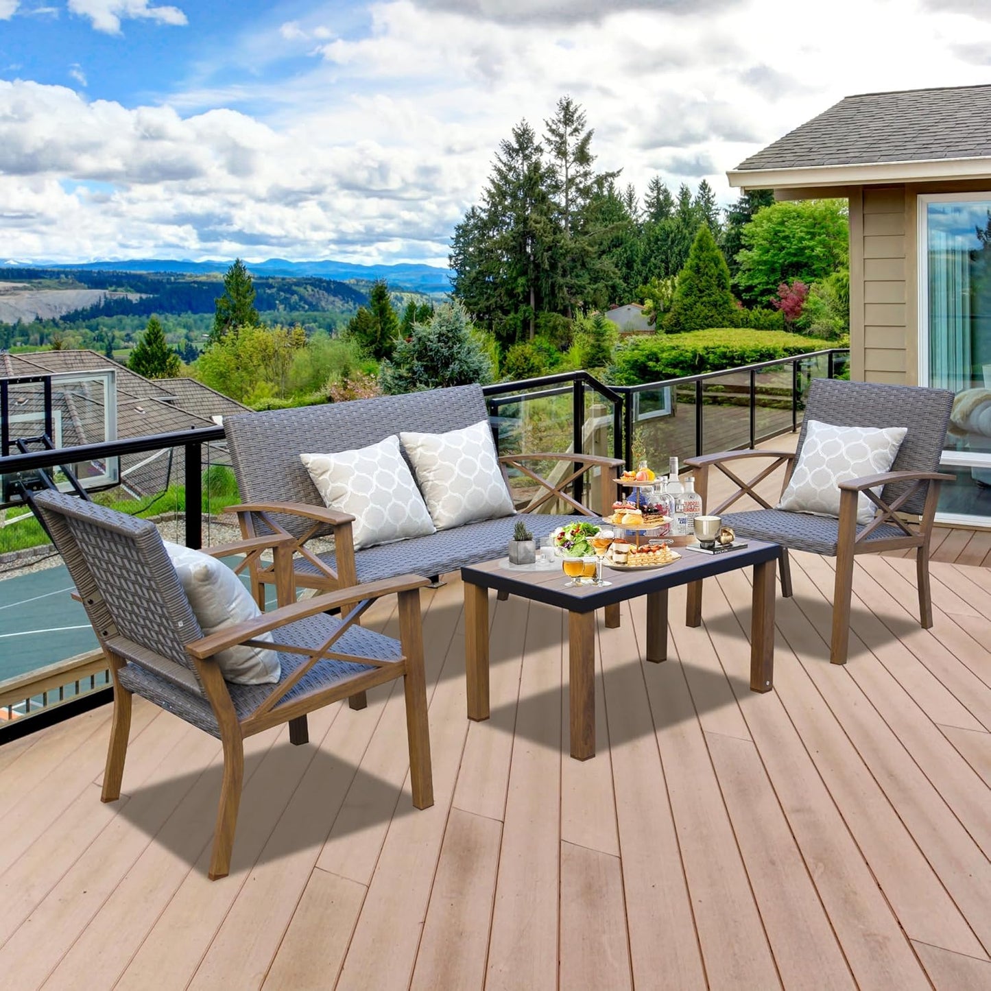 4-Piece Modern Conversation Set with Cotton Padding Backrests and Seats, Outdoor Sectional Metal Sofa Set with 5.5 Inch Cushion and Coffee Table for Balcony, Garden On-Site