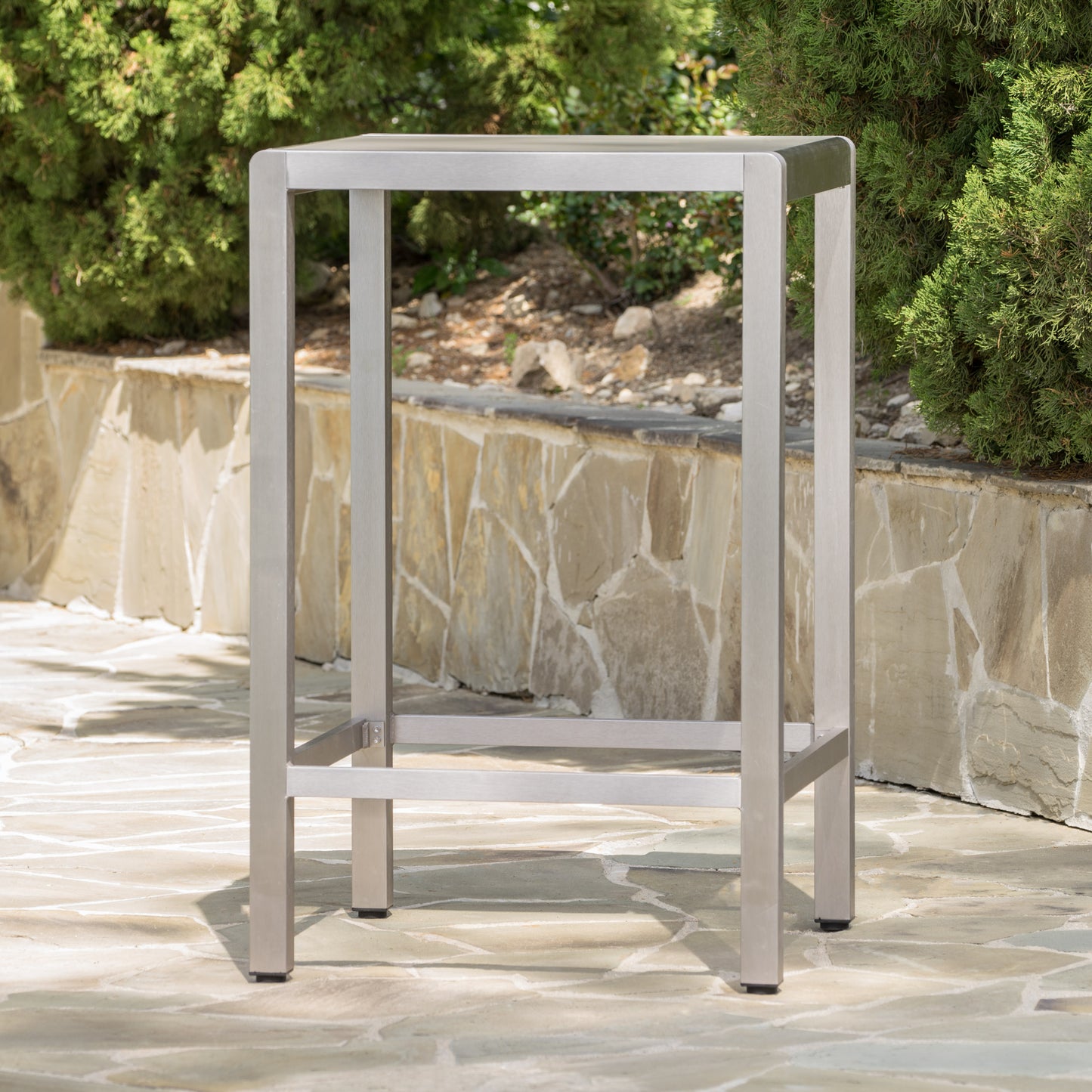 43" Outdoor Aluminum Frame Bar Table with Glass Table Top, Grey Finish