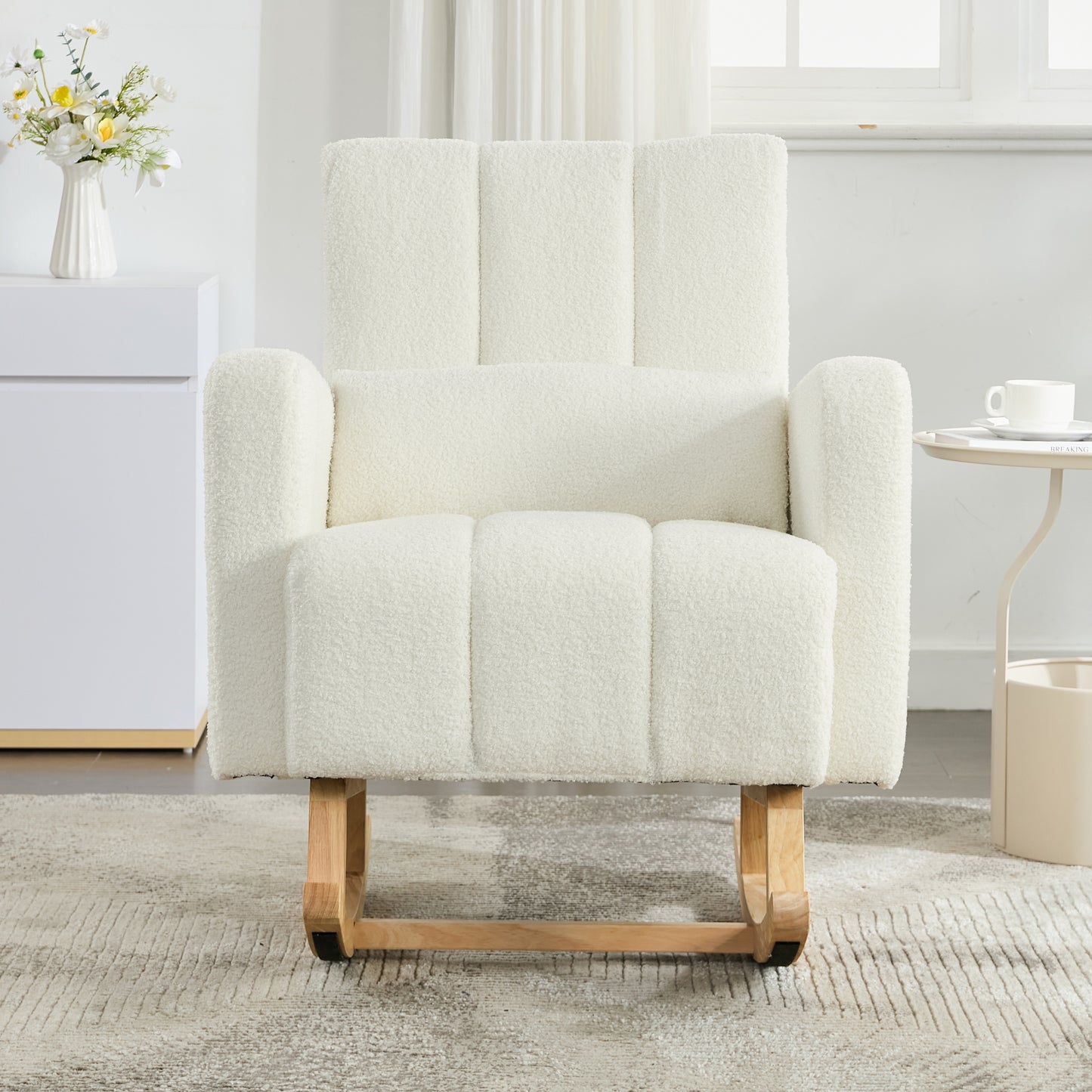 Accent Rocking Chair with Pillow, Ultimate Comfort for Your Home, Teddy Velvet, Cream White