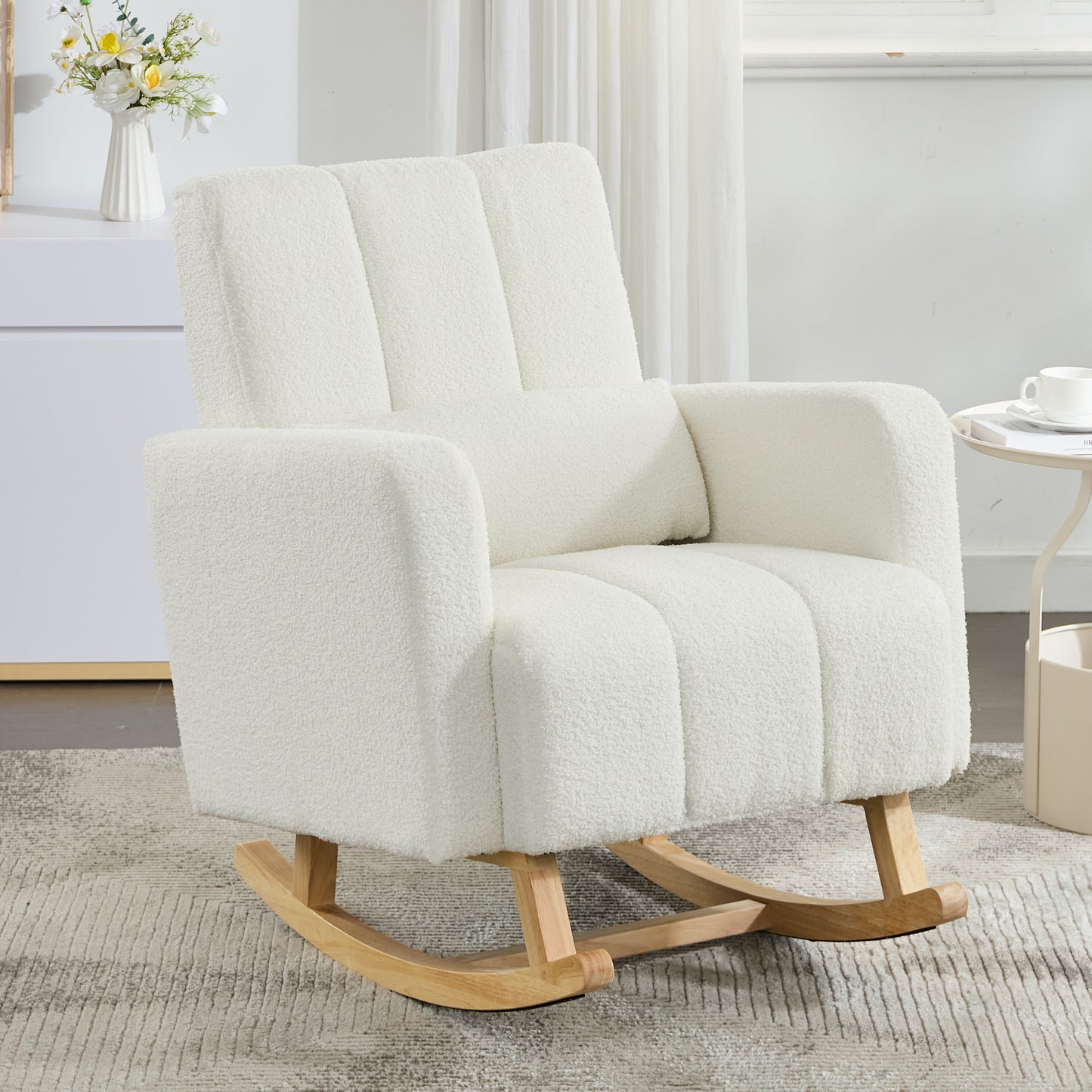 Accent Rocking Chair with Pillow, Ultimate Comfort for Your Home, Teddy Velvet, Cream White