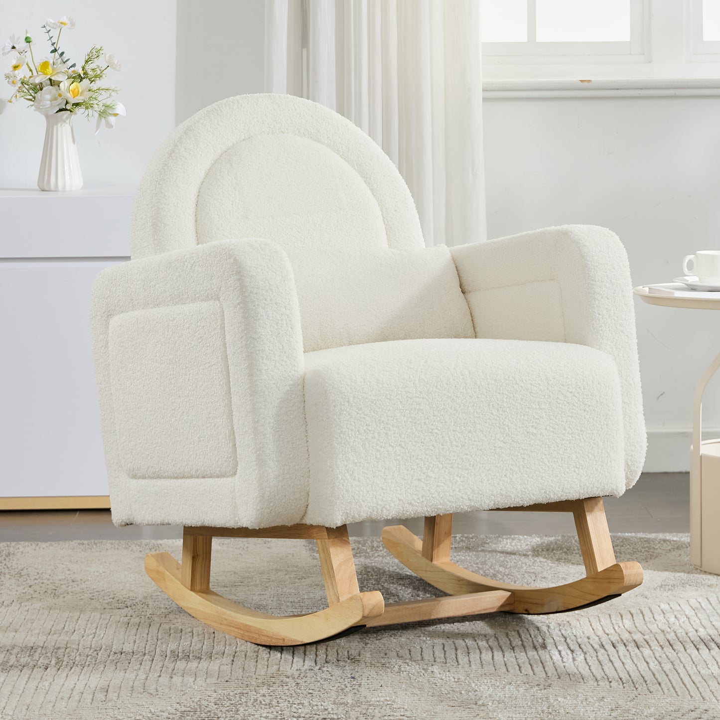 Accent Rocking Chair with Curved Back & Pillow, Ultimate Comfort for Your Home, Teddy Velvet, Cream White