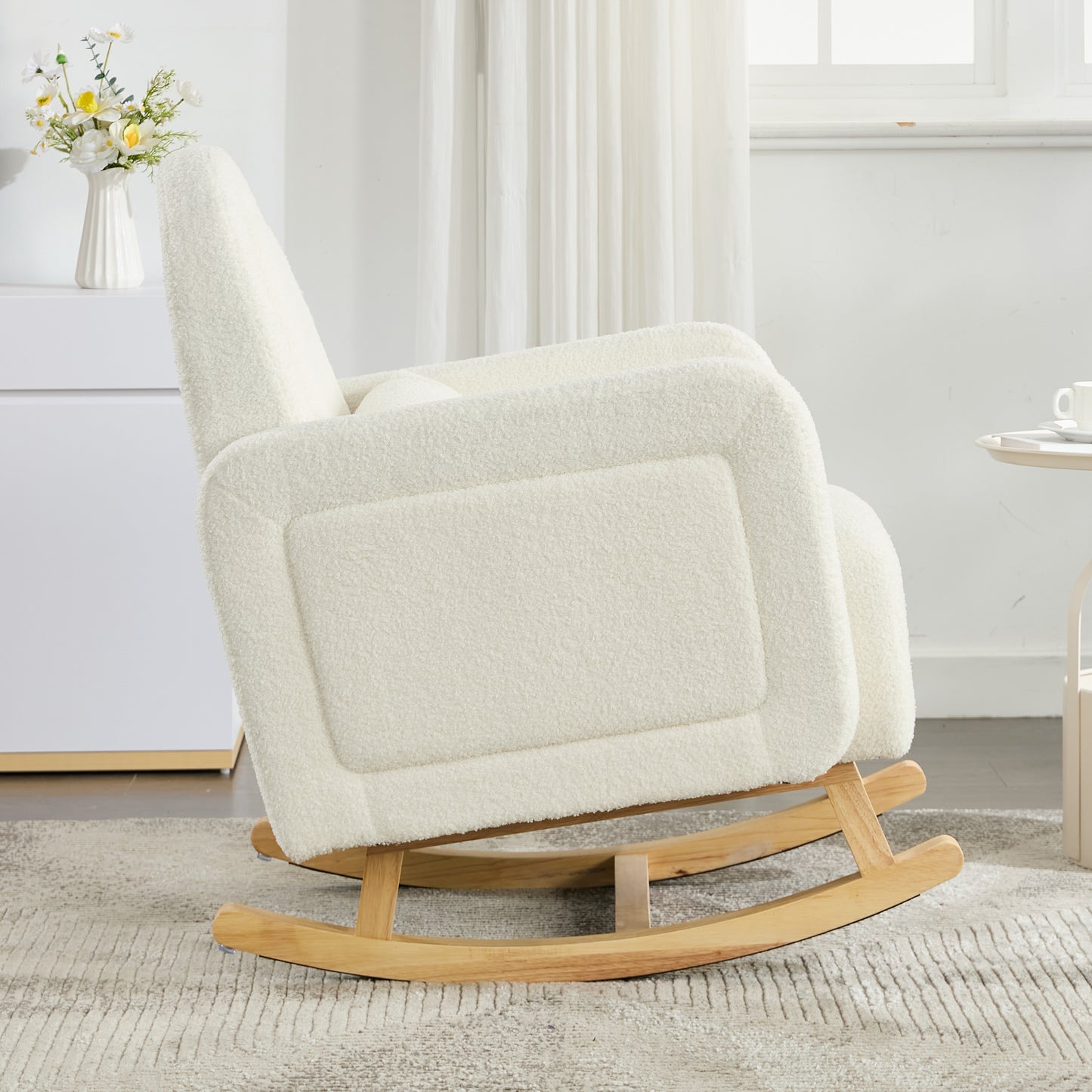 Accent Rocking Chair with Curved Back & Pillow, Ultimate Comfort for Your Home, Teddy Velvet, Cream White