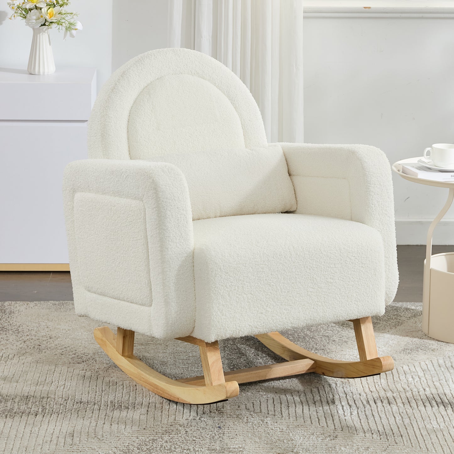 Accent Rocking Chair with Curved Back & Pillow, Ultimate Comfort for Your Home, Teddy Velvet, Cream White