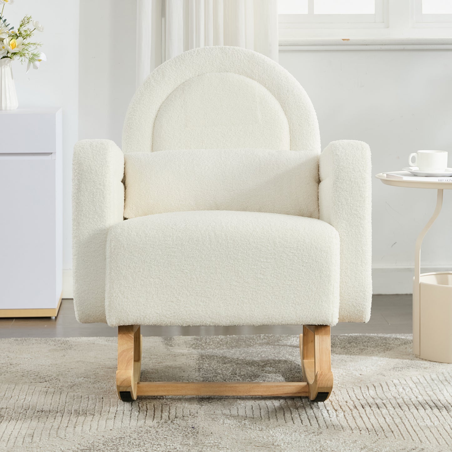 Accent Rocking Chair with Curved Back & Pillow, Ultimate Comfort for Your Home, Teddy Velvet, Cream White