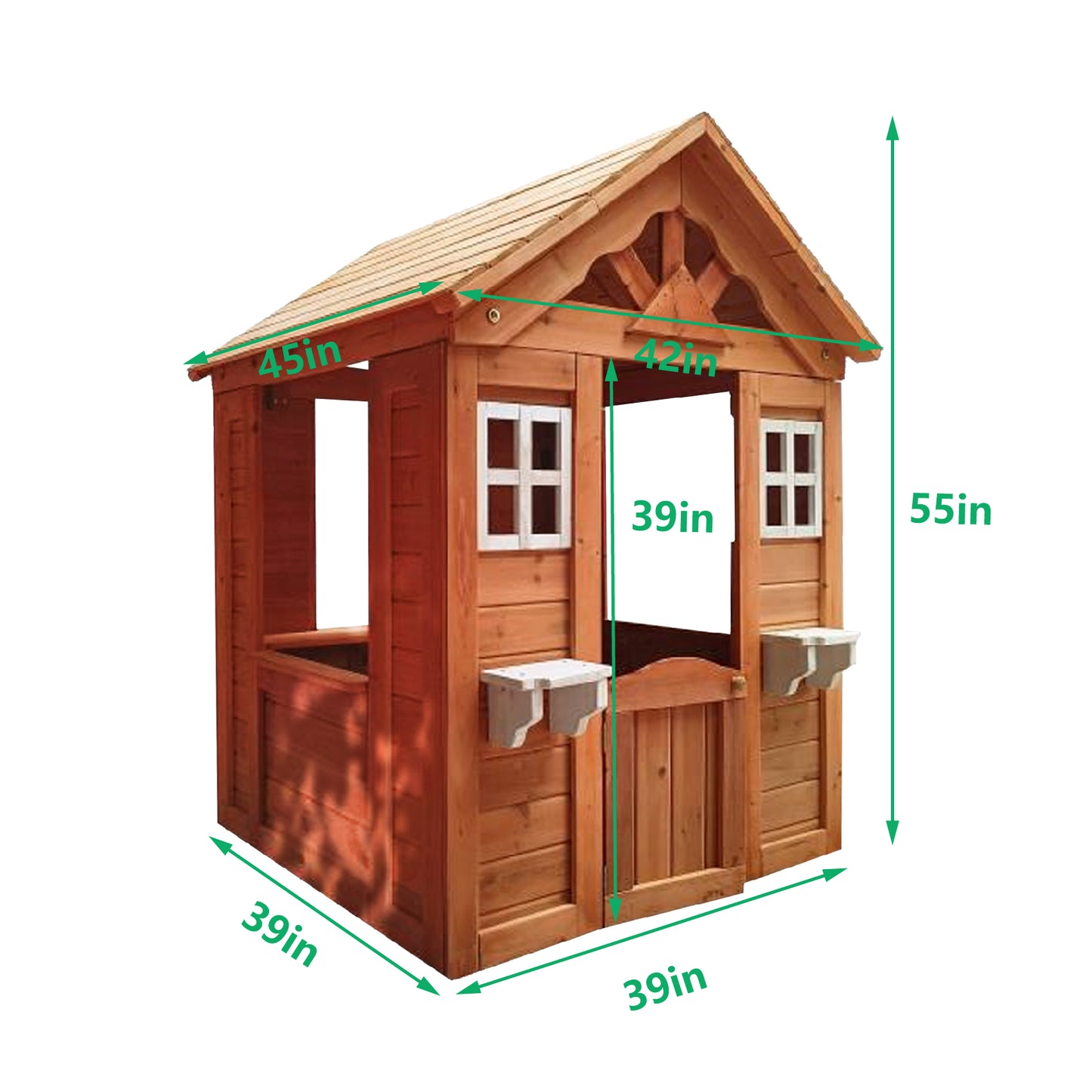 All Wooden Kids Playhouse with 2 windows and flowerpot holder,42"Lx46“Wx55"H,Golden Red