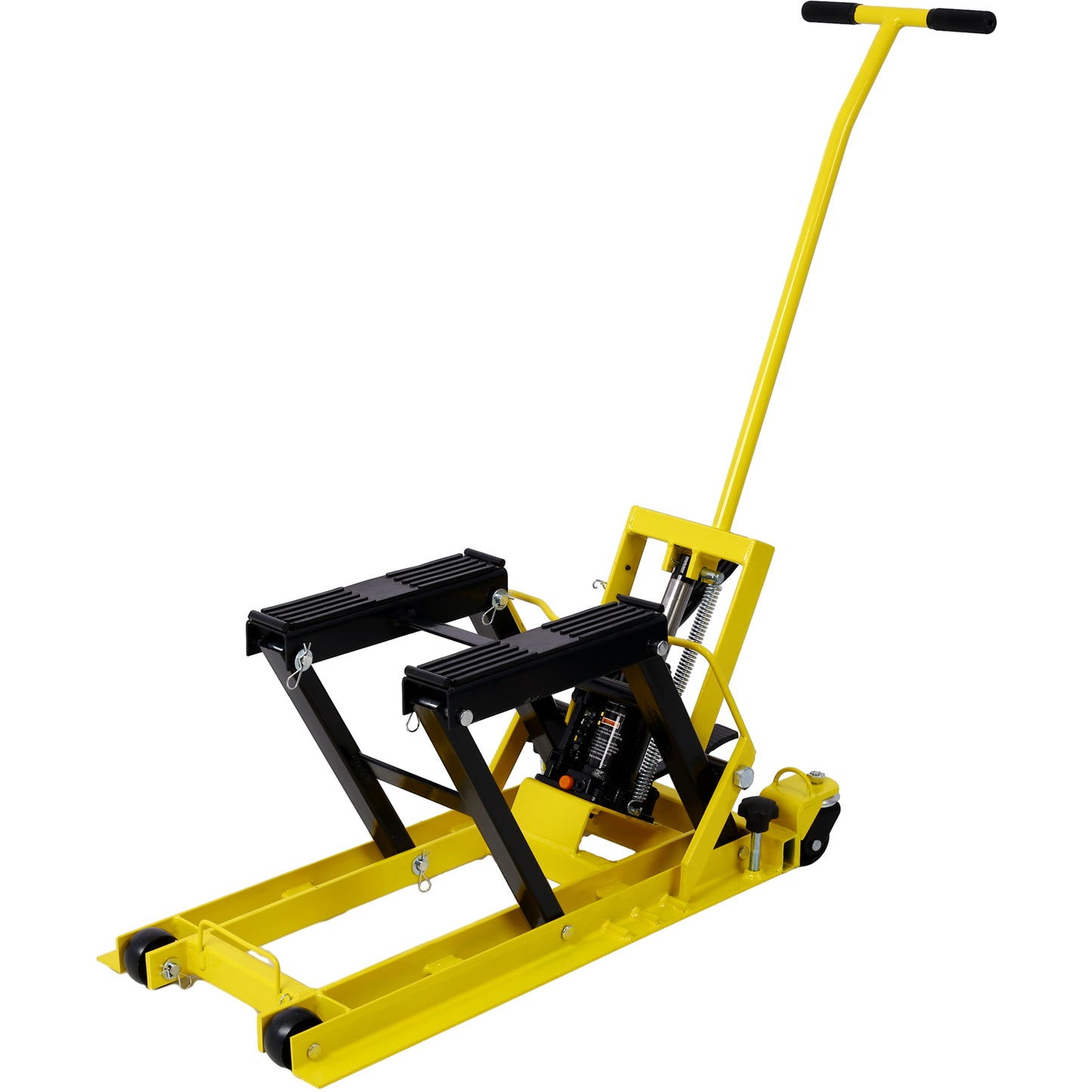 Hydraulic Motorcycle Lift Jack, 1500 LBS Capacity ATV Scissor Lift Jack, Portable Motorcycle Lift Table with 4 Wheels, Hydraulic Foot-Operated Hoist Stand with tie down yellow