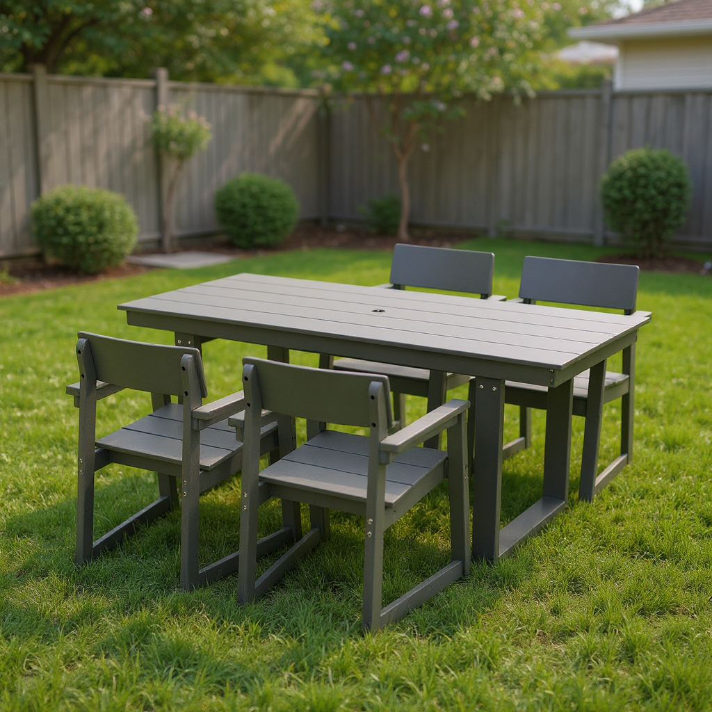 5-Piece Outdoor Dining Set for 4 – Weather-Resistant Patio Table with Umbrella Hole and 4 Armrest Chairs, Durable Garden Furniture for Backyard, Lawn, Deck, or Poolside (Grey)