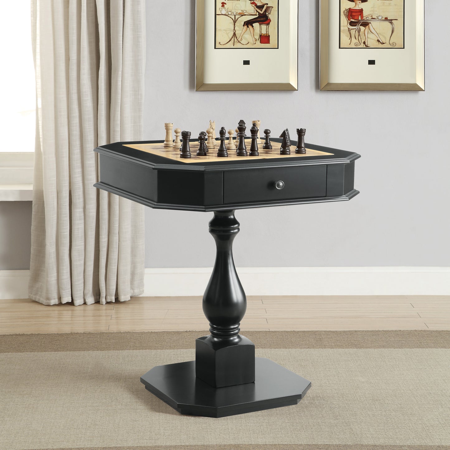 Bishop Black Finish Reversible Chess Checker Game Table w/Game Tray (Chess Fingures Not Included)