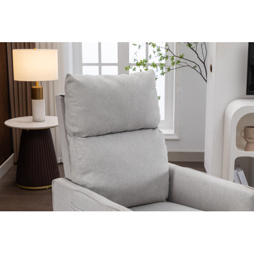 038-Cotton Linen Fabric Swivel Rocking Chair Glider Rocker Recliner Nursery Chair With Adjustable Back And Footrest For Living Room Indoor,Light Gray
