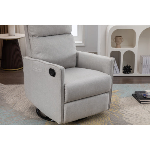038-Cotton Linen Fabric Swivel Rocking Chair Glider Rocker Recliner Nursery Chair With Adjustable Back And Footrest For Living Room Indoor,Light Gray