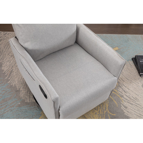 038-Cotton Linen Fabric Swivel Rocking Chair Glider Rocker Recliner Nursery Chair With Adjustable Back And Footrest For Living Room Indoor,Light Gray