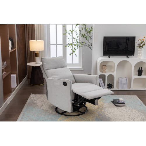 038-Cotton Linen Fabric Swivel Rocking Chair Glider Rocker Recliner Nursery Chair With Adjustable Back And Footrest For Living Room Indoor,Light Gray