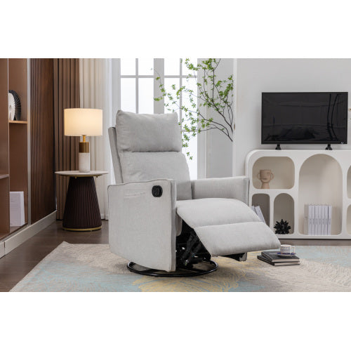 038-Cotton Linen Fabric Swivel Rocking Chair Glider Rocker Recliner Nursery Chair With Adjustable Back And Footrest For Living Room Indoor,Light Gray