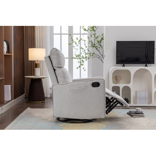 038-Cotton Linen Fabric Swivel Rocking Chair Glider Rocker Recliner Nursery Chair With Adjustable Back And Footrest For Living Room Indoor,Light Gray
