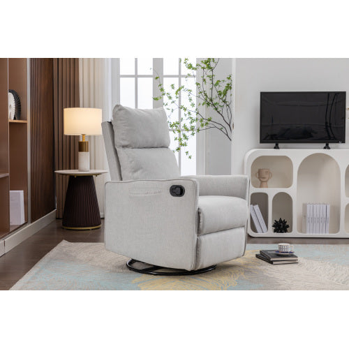 038-Cotton Linen Fabric Swivel Rocking Chair Glider Rocker Recliner Nursery Chair With Adjustable Back And Footrest For Living Room Indoor,Light Gray
