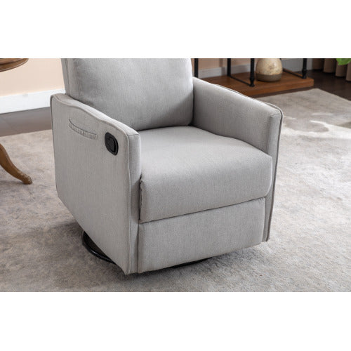 038-Cotton Linen Fabric Swivel Rocking Chair Glider Rocker Recliner Nursery Chair With Adjustable Back And Footrest For Living Room Indoor,Light Gray