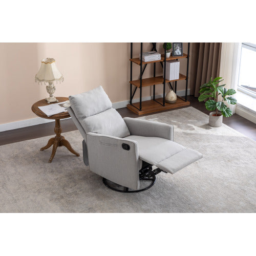 038-Cotton Linen Fabric Swivel Rocking Chair Glider Rocker Recliner Nursery Chair With Adjustable Back And Footrest For Living Room Indoor,Light Gray