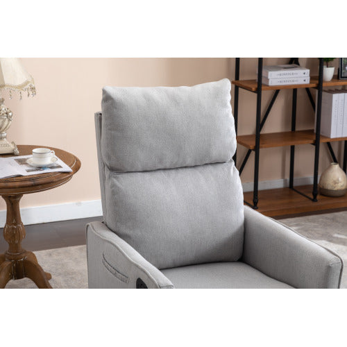 038-Cotton Linen Fabric Swivel Rocking Chair Glider Rocker Recliner Nursery Chair With Adjustable Back And Footrest For Living Room Indoor,Light Gray