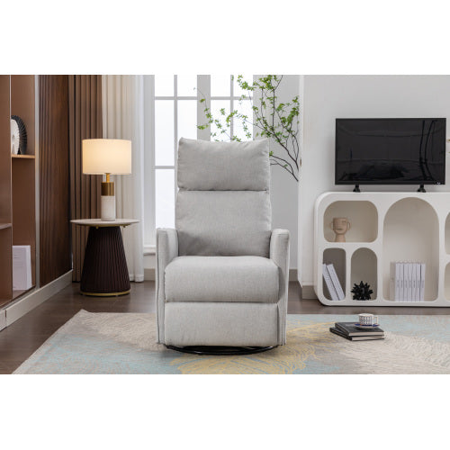 038-Cotton Linen Fabric Swivel Rocking Chair Glider Rocker Recliner Nursery Chair With Adjustable Back And Footrest For Living Room Indoor,Light Gray